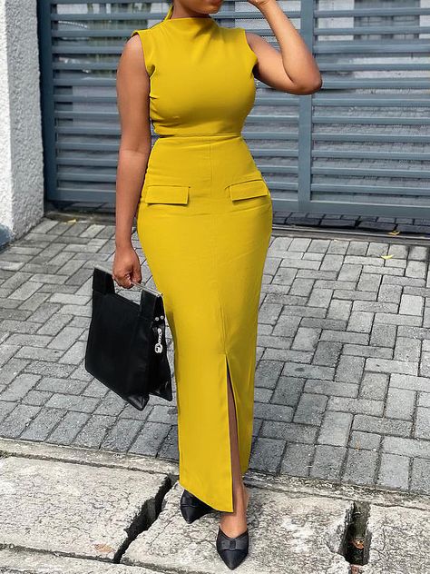 Medium Elasticity Stand Collar Sleeveless Elegant Maxi Dress | stylewe Long Body Fitted Dresses, Long Fitted Dress Casual, Stylewe.com Fashion, Yellow Dress Outfit Classy, Plain Long Dress, Tight Maxi Dress, Inexpensive Dresses, Asymmetrical Maxi Dress, Classy Wear