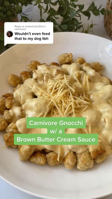 Carnivore Diet Meal Ideas, Carnivore Diet Recipes Dinner, Carnivore Pasta, Brown Butter Cream Sauce, Gnocchi Cream Sauce, Low Carb Gnocchi, Carnivore Snacks, Ketovore Diet, Keto Pregnancy