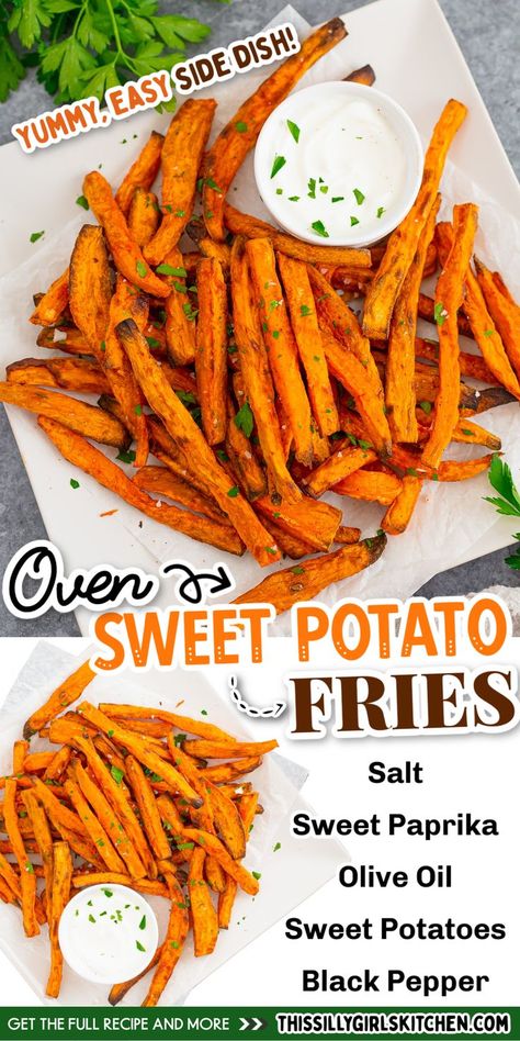 sweet potato fries on a plate with sauce on the side Potato Fries Oven, Sweet Potato Fries Oven, Oven Sweet Potato Fries, Smothered Potatoes, Potato Recipes Side Dishes, Quick And Easy Appetizers, Potato Sides, Fast Easy Meals, Potato Fries