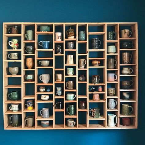 Seemed fitting to show off a big accomplishment from my weekend. I built the larger shelving unit last weekend and we got it hung to now… Organized Cabinets, Starbucks City Mugs, Interior Design Blogs, Coffee Mug Display, Coffee Mug Holder, Mug Display, Coffee Shops Interior, Coffee Bar Home, Mug Holder