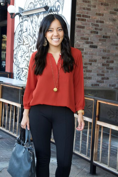 burnt orange blouse, black skinny pants, leopard print booties, grey purse business casual outfit 3 Orange Blouse Outfit Work, Orange Top Outfit Work, Conference Aesthetic, Boots With Pants, Orange Top Outfit, Orange Shirt Outfit, Purse Business, Grey Purse, Business Clothes