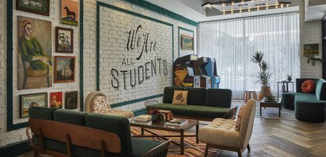 You already know about Ace and Freehand — just two examples of cool, affordable hotel brands expanding around the U.S. But what about other affordable properties that incorporate sleek design and eccentric personality? From the academia-themed Graduate Hotels (cue pretty plaids and campy décor) to Richard Branson’s Virgin Hotels, here’s where to book your next domestic getaway. The Graduate Hotel, Graduate Hotel, Family Cafe, Hotel Wallpaper, Coffee Project, Clubhouse Design, Bowling Center, Farmhouse Stools, Interior Design Colleges