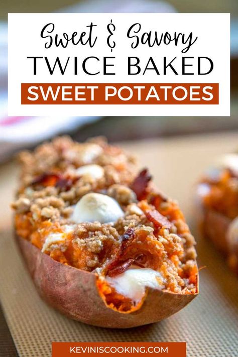 These Sweet & Savory Twice Baked Sweet Potatoes are filled with rich, flavorful ingredients like crispy bacon, fluffy marshmallows, and a cinnamon-spice oat topping. This baked sweet potato recipe is simple to create and easy to prepare ahead of time. This makes it even more ideal for big holiday feasts and family potlucks. Heck, you might even end up having this baked sweet potato for dessert! Sweet Potato Recipes Pioneer Woman, Fluffy Marshmallows, Fresh Vegetable Recipes, Sweet Potato Recipes Roasted, Slow Cooked Pulled Pork, Sweet Potato Recipes Baked, Clean Dinners, Twice Baked Sweet Potatoes, Sweet Potato Recipe