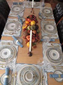 The Welcomed Guest: Lenox Autumn Tablescape Lenox Autumn Tablescape, Thanksgiving Table Settings Centerpieces, Lenox Autumn, Tablescapes Autumn, Lace Placemats, Gold Napkin Rings, Spring Table Settings, Table Setting Ideas, Halloween Tablescape