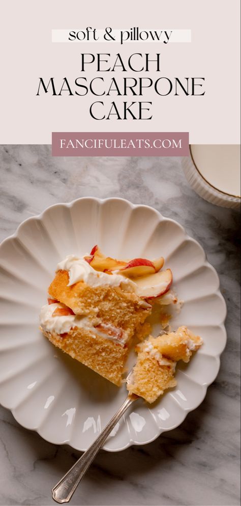 Peach Mascarpone Cake. Peach Flavored Cake, Peach Chiffon Cake, Peach Mascarpone, Summer Baking Recipes, Mascarpone Cake, Peach Dessert, Mascarpone Frosting, Peach Dessert Recipes, Peach Syrup