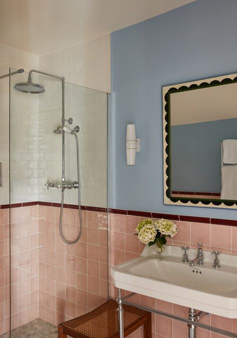 Alder — The Bear Inn Tiled Wall Bathroom Ideas, Blue Pink Bathroom, Cream Bathroom Tile, Pink Blue Bathroom, Powder Blue Bathroom, Pink And Blue Bathroom, Danish Bathroom, Blue Bathroom Ideas, Blue Bathroom Decor