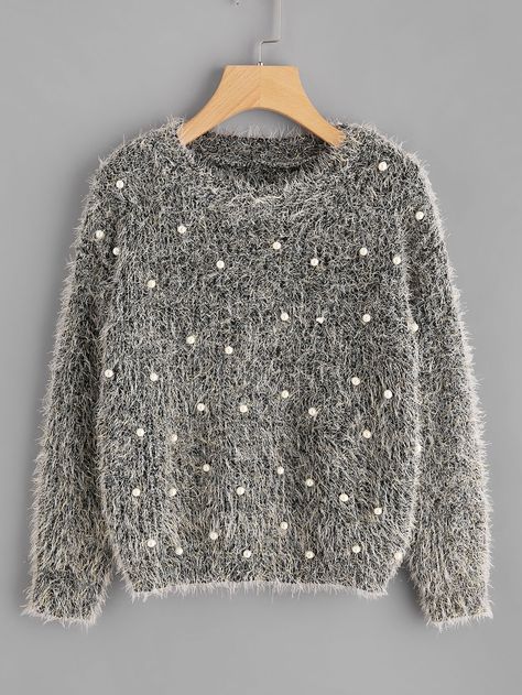 Shop Pearl Beading Fluffy Sweater online. SheIn offers Pearl Beading Fluffy Sweater & more to fit your fashionable needs. Fuzzy Sweater Aesthetic, Bedazzled Sweaters, Pearl Beaded Sweater, Black Sweater With Pearls, Sweater With Pearls, Pearl Beading, Muslim Style, Barbie Wardrobe, Fluffy Sweater