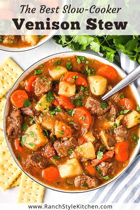 Slow Cooker Red Meat Recipes, Deer Meat Instapot Recipes, Instapot Venison Stew Recipes, Moose Stew Recipe Slow Cooker, Crockpot Venison Chops, Hunter Stew Recipe, Crock Pot Deer Chili, Deer Casserole Recipes, Deer Pot Roast Slow Cooker