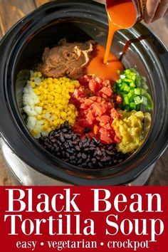 Black Bean Tortilla Soup, Bean Tortilla Soup, Black Bean Tortilla, Go Vegetarian, Slow Cooker Beans, Slow Cooker Black Beans, Vegetarian Crockpot Recipes, Vegetarian Crockpot, Going Vegetarian