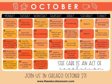 Whether you started school in August our you go back after Labor Day, teachers must make their own mental health a priority. Starting this month, we'll be releasing our limited September Teacher Self-Care calendar for you to download for free.    Email this out to your colleagues who need a little bit more love or post it October Self Care, Workplace Wellness, Calendar Download, Grade Book, Teacher Appreciation Week, School Counseling, Self Care Activities, Printable Calendar, Calendar Template