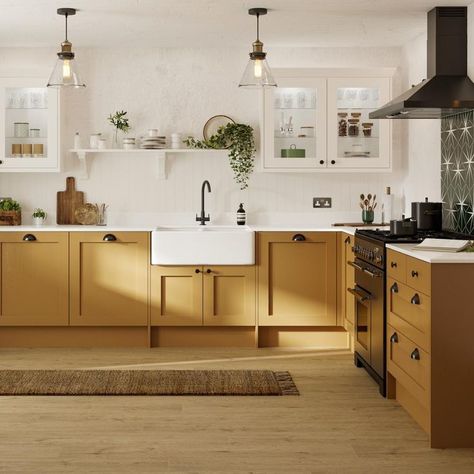 Mustard Kitchen, Mustard Yellow Kitchens, Yellow Kitchen Cabinets, Two Tone Kitchen, Yellow Kitchen, Shaker Kitchen, Kitchen Color, Bespoke Kitchens, Hem Design