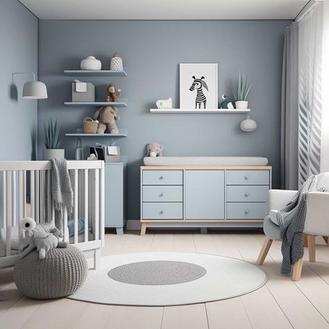 Half Painted Wall Bedroom Blue, Grey Themed Nursery, Light Blue And Grey Nursery, Shades Of Blue Nursery, Baby Boy Room Wallpaper, Baby Boy Room Paint Ideas, Gray And Blue Nursery, Grey Nursery Ideas Neutral, Blue And Grey Nursery Boy