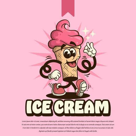 Ice cream vintage cartoon mascot logo | Premium Vector #Freepik #vector Ice Cream Mascot, Logo Ice Cream, Ice Cream Character, Ice Cream Vintage, Vintage Mascot, Ice Cream Cartoon, Ice Cream Logo, Ice Cream Illustration, Ice Cream Theme