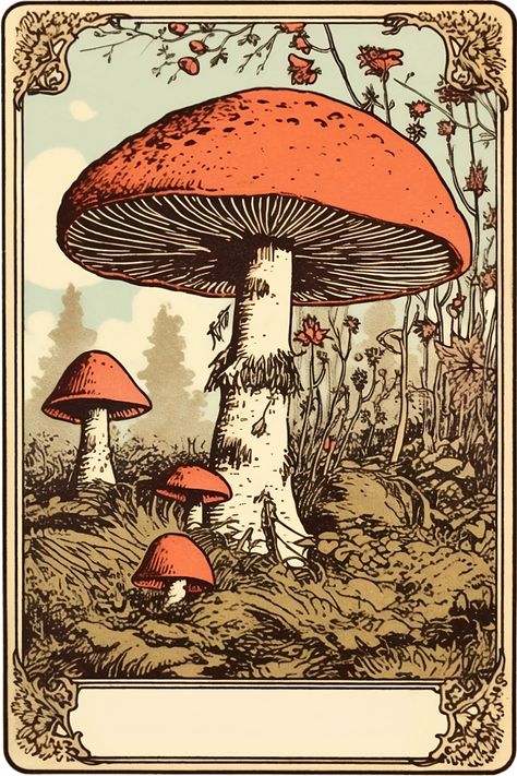 Mushroom Tarot card Mushroom Cards, Vintage Mushroom Art, Fungi Illustration, Mushroom Aesthetic, Mushroom Illustration, Mushroom Poster, White Mushrooms, Vintage Mushroom, Mushroom Decor