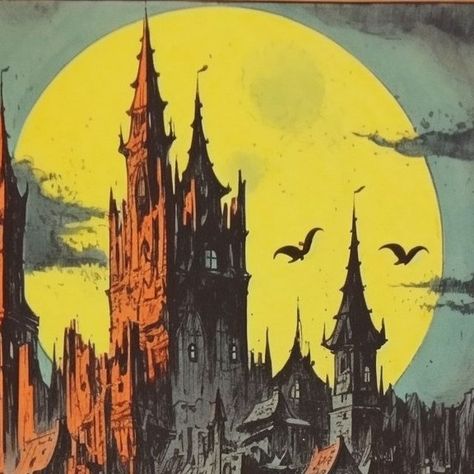 Creepy Castle Drawing, Vintage Vampire Illustration, Vintage Spooky Art, Spooky Castle Drawing, Dracula’s Castle, Vampire Castle Art, Halloween Concept Art, Haunted Background, Gothic Castle Art