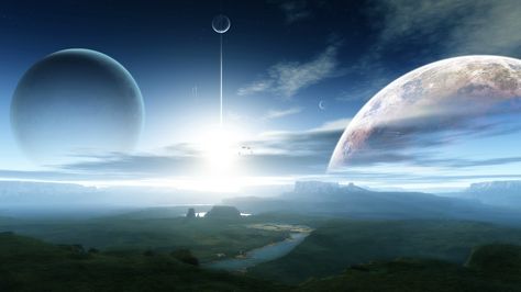 1600 x 900. Plateau. Three Moons, Sience Fiction, Space Art Gallery, Art Spatial, Space Photography, Tokyo Dome, Planets Art, Landscape Concept, Alien Worlds