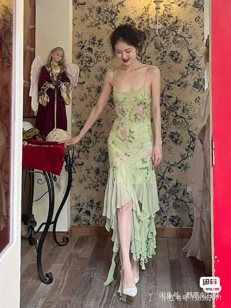 Hoco Vintage Dresses, Green Fairy Core Prom Dress, Whimsical Formal Outfit, Fairy Wedding Guest Outfit, What A Way To Go Dress, Discocore Outfits, Earthy Hoco Dress, Fairy Garden Aesthetic Outfits, Sheer Flowy Dress