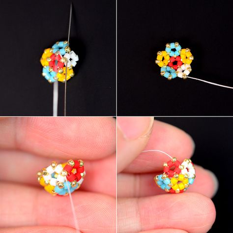 PandaHall Tutorial on Seed Beaded Ball Earrings- Pandahall.com Beaded Ball Earrings, Beads Tutorial, Miyuki Beads Pattern, Beaded Things, Beads Pattern, Bead Ball, Beaded Ball, Beaded Beads, Bead Charms Diy