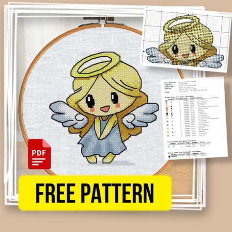 Free printable cross stitch pattern with a cute little Angel. Angel Cross Stitch Pattern, Flag Cross Stitch, Printable Cross, Free Cross Stitch Pattern, Cross Stitch Angels, Cross Stitch Christmas Ornaments, Cross Stitch Pictures, Cross Stitch Baby, Little Angel