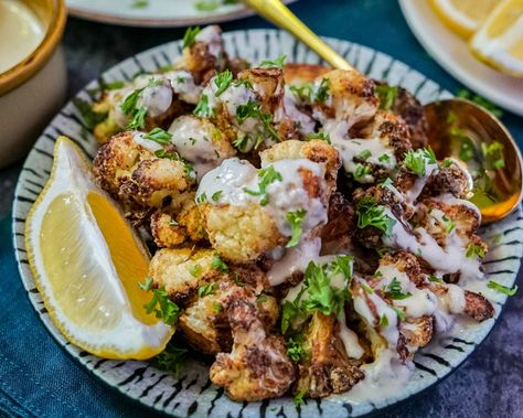 One of my favourite Lebanese restaurants serves a side dish called Arnabeet, which is a fried cauliflower recipe with tahini. These vegan and gluten-free fried cauliflower bites are air-fried and... Arnabeet Recipe, Vegan Tahini Sauce, Fried Cauliflower Bites, Vegan Dressing Recipes, Vegan Sauce Recipes, Roasted Cauliflower Recipe, Edgy Veg, Vegetable Side Dishes Healthy, Tahini Recipe