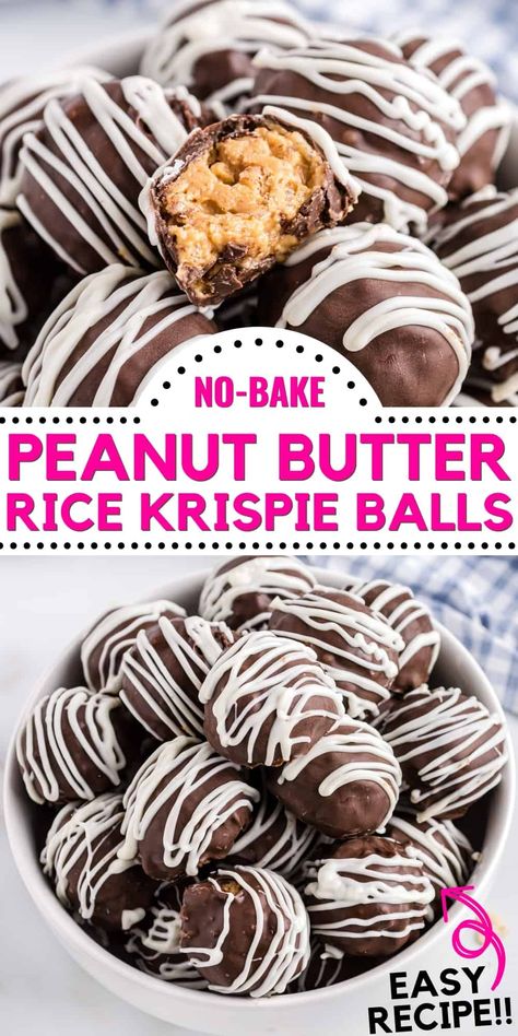 Peanut butter balls with rice krispies take traditional buckeyes and give them the perfect bit of crunch and texture with the addition of rice cereal. Buckeyes With Rice Krispies, Buckeye Balls With Rice Krispies, Buckeyes Recipe With Rice Krispies, Rice Krispies Balls, Peanut Butter Rice Krispie Balls, Pb Recipes, Rice Krispie Balls, Dessert Balls, Peanut Butter Rice Krispies