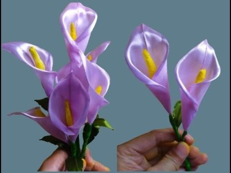 Silk Ribbon Flowers Tutorial, Ribbon Made Flowers, Ribbon Lily Flowers, Silk Ribbon Flowers Diy, Diy Flower Making Ideas, Rebon Flowers, Diy Flowers Out Of Ribbon, Diy Satin Ribbon Flowers, Ribbon Calla Lily Diy