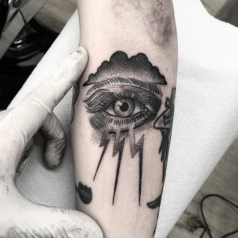 ⚡️☁️ done at @lodotattooshop Eye Elbow Tattoo, Seeing Eye Tattoo, Ojo Tattoo, Blitz Tattoo, All Seeing Eye Tattoo, Engraving Tattoo, Elbow Tattoo, Handpoke Tattoo, Cloud Tattoo