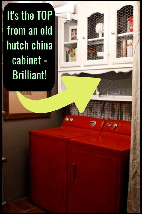 Repurposed China Cabinet Ideas - wondering what to do with TOP half of hutch?  Take a look at this clever DIY storage cabinet idea for your laundry room - the shelves and cabinets are a simple hutch redo idea.  See OTHER uses for dining room hutch cabinets here... Other Uses For Dining Room, China Cabinet Ideas, Hutch Cabinets, Repurposed China Cabinet, Hutch Redo, Repurposed China, Hutch Makeover, Dining Room Hutch, Casa Country