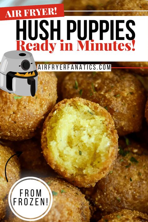 Make a batch of Air Fryer Frozen Hush Puppies in just 15 minutes in your Air Fryer or Ninja Foodi, this is a heat and serve recipe! Frozen Hush Puppies In Air Fryer, Air Fryer Hush Puppies, Baked Hush Puppies, Hush Puppies Recipe, Jiffy Mix, Mix Recipes, Ninja Foodi, Quick Bread, Hush Puppies