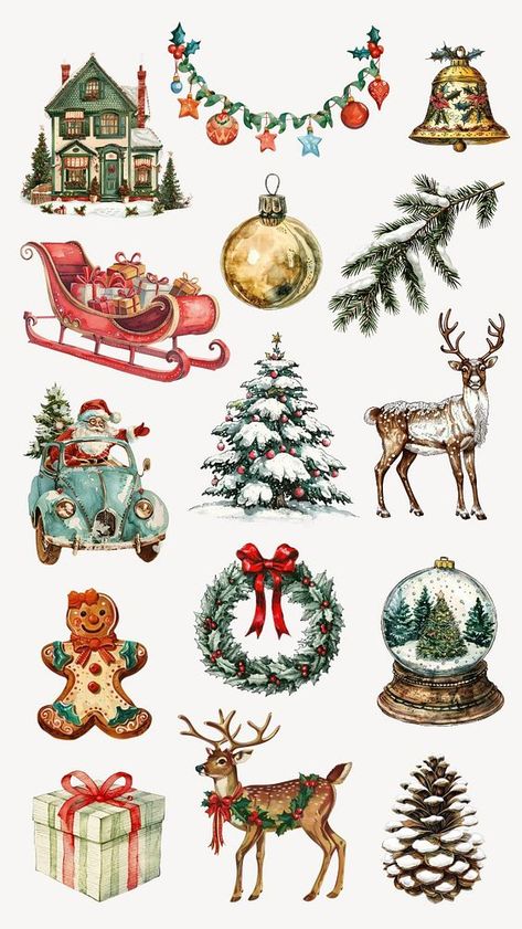 Christmas Vintage Stickers, Christmas Elements Illustration, Christmas Design Graphic Illustration, Christmas Ornaments Illustration, Vintage Christmas Illustration, Fancy Wallpaper, Christmas Illustration Design, Santa Claus Sleigh, Sleigh Bell