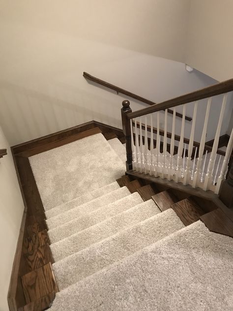 Speckled Carpet, Iron Banister, Wrought Iron Banister, Staircase Carpet Runner, Carpeted Stairs, Oak Staircase, Home Depot Carpet, Hardwood Stairs, Hall Carpet