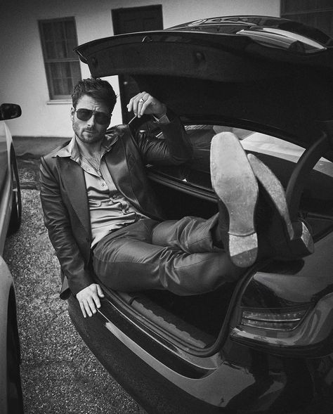 Louboutin Loafers, Glenn Powell, Christian Louboutin Loafers, Tom Ford Jacket, Guy Aroch, Versace Leather Jacket, Hit Man, Armani Blazer, Black And White Portrait