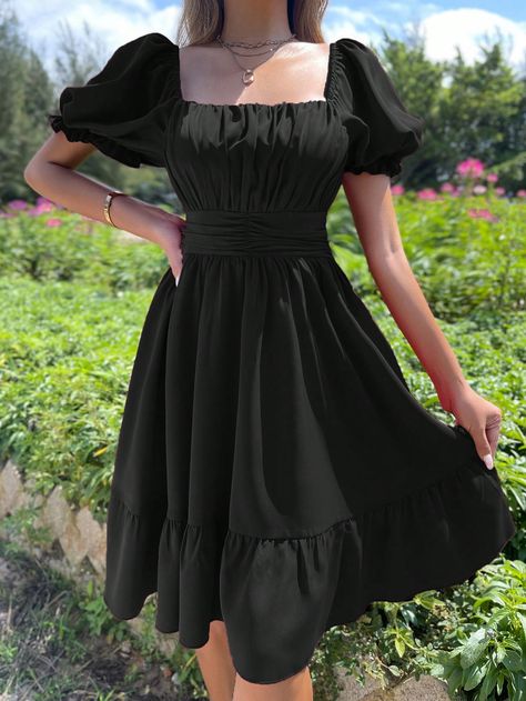 Black Casual Collar Short Sleeve Woven Fabric Plain A Line Embellished Non-Stretch  Women Clothing Black Frock, Simple Frock Design, Simple Frocks, Flounce Hem Dress, Bohemian Mode, Cute Dress Outfits, Elegant Maxi Dress, Mode Boho, Ruffled Dress