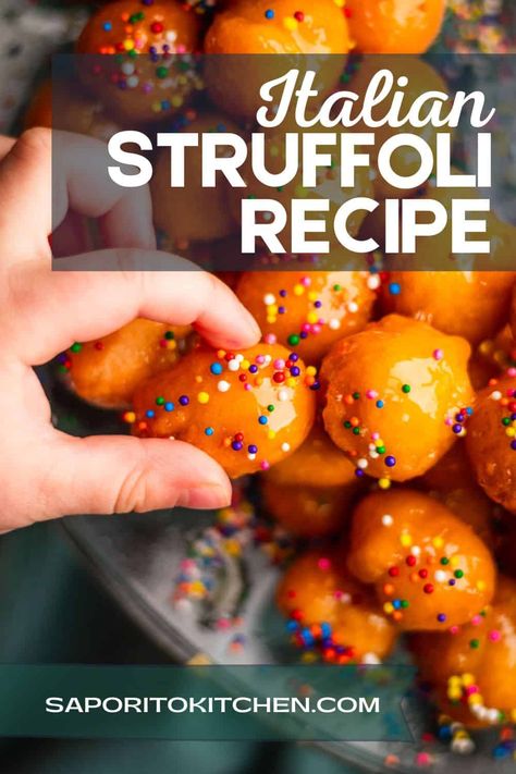 This Italian struffoli recipe is so good. They fried dough balls are tossed in a honey sauce and topped with sprinkles. These honey balls are perfect for Christmas and the holiday season. Easy Struffoli Recipe, Struffoli Recipe Italian, Honey Balls Recipe, Italian Honey Balls, Italian Fried Dough, Fried Dough Balls, Struffoli Recipe, Honey Balls, Italian Christmas Cookies