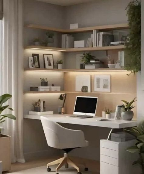 Writing Desk In Living Room Ideas, Desk Next To Couch Ideas, Small Home Office With Bookshelves, Above Desk Bookshelf, Desk And Shelves In Bedroom, Bookshelf Next To Desk, Built In Desk And Shelves Bedroom, Office Desk In Living Room, Corner Built In Desk