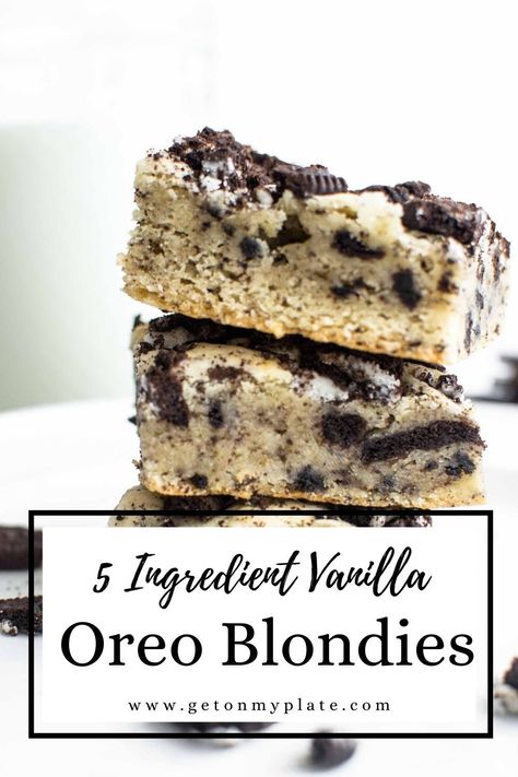 5 Ingredient Vanilla Oreo Blondies Need a super quick and easy dessert? These vanilla Oreo Blondie Bars are just what you need! Using a boxed cake mix saves time and a whole lot of measuring! #easydessert #blondies #brownies #oreodessert #oreobars | www.getonmyplate.com Vanilla Cake Mix Brownies, Box Cake Mix Blondies, Cake Mix Oreo Bars, Cake Box Blondies, Boxed Dessert Ideas, Oreo Brownies Box Cake Mixes, Blondies Recipe Easy Cake Mixes, Blondies From Cake Mix Boxes, Brownies Using Cake Mix Boxes