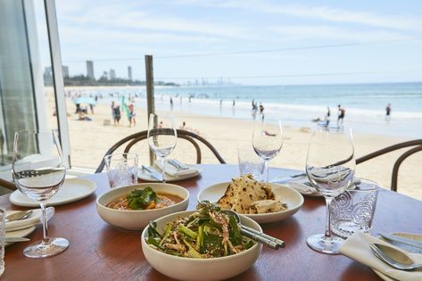 You won't get more beach front than this. Gold Coast Restaurants, Potted Olive Tree, Gold Coast Queensland, Kid Friendly Restaurants, Classic French Dishes, Burleigh Heads, Walking The Plank, Australia Vacation, Airlie Beach