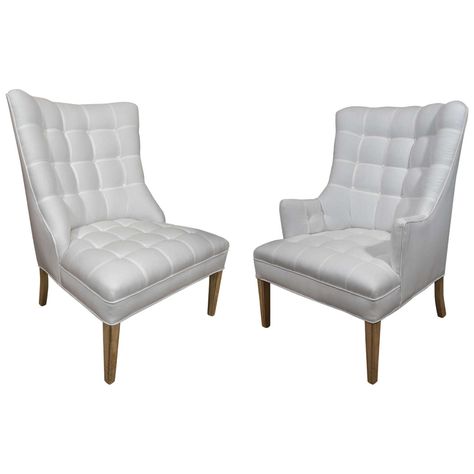 Pair of Upholstered "His and Her" Chairs Modern Club Chair, Vintage Chairs, Slipper Chair, Club Chairs, Tapered Legs, Accent Chairs, Furniture, Home Decor, Home Décor