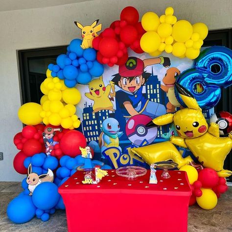 Tash McCollister-Borges on Instagram: "Jax turns 8! Thank you everyone that helped out!! It turned out amazing!! #pokemon #pokemonparty #handmade #alldiy #pikachu #ash #kidbirthdayparty #nephews" Pikachu Birthday Party Decorations, Picachu Party Ideas, Pokémon Birthday Ideas, Pokemon Decorations, Pastel Pokemon, Pokemon Balloons, Pokemon Party Decorations, Pokemon Themed Party, Pokemon Decor