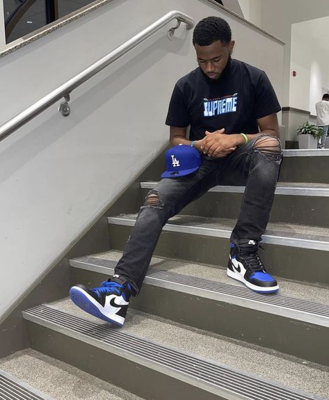 Blue And Black Jordan 1 Outfit, Jordan 1 Royal Blue, Blue Outfit Men, Black Shoes Outfit, Black Sneakers Outfit, Royal Blue Pants, Sneakers Outfit Men, Jordan 1 Outfit, Outfit Layouts