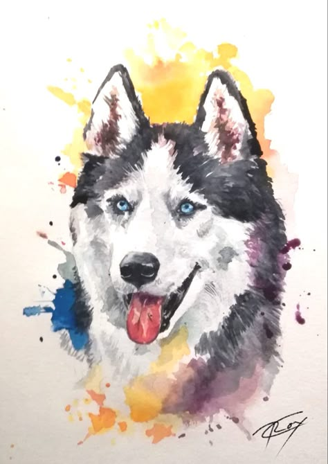 Husky Watercolor Painting, Husky Painting Easy, Husky Painting, Husky Watercolor, Husky Portrait, Husky Art, Husky Drawing, Dog Portrait Drawing, Colorful Dog Art