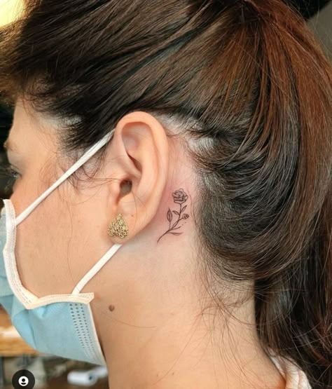 Tiny Flower Tattoo Behind Ear, Peony Behind Ear Tattoo, Peony Tattoo Behind Ear, Behind Ear Tattoo Rose, Ear Tattoos Flower, Tulip Tattoo Behind Ear, Behind The Ear Tattoo Ideas Small Meaningful, Under The Ear Tattoo, Rose Behind The Ear Tattoo