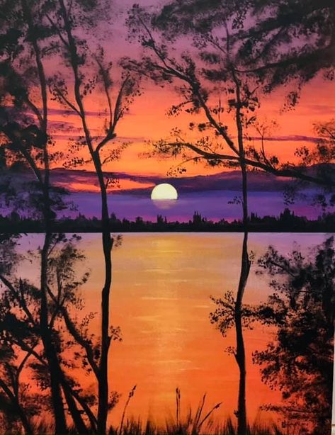 Season Painting Ideas, Simple Sunset Painting, Tree Sunset Painting, Lavender Sunset Painting, Sunset Painting Acrylic Silhouette, Sunset Tree Silhouette Painting, Sun Through Trees Painting, Drawing Sunset, Abstract Painting Acrylic Modern