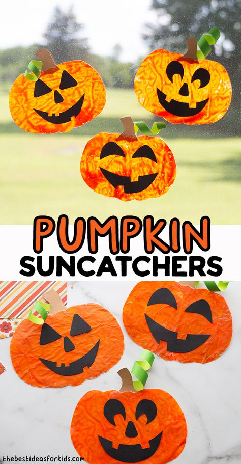 Pumpkin Suncatchers - make these fun melted crayon pumpkin suncatchers! Free pumpkin templates available on the post. Pumpkin Suncatchers For Kids, Art Projects For Kids Halloween, Halloween Art Projects For Kids, Cute Holiday Crafts, Pumpkin Activities For Kids, Halloween Decorations Kids, Pumpkin Suncatcher, Halloween Games Activities, Halloween Crayons