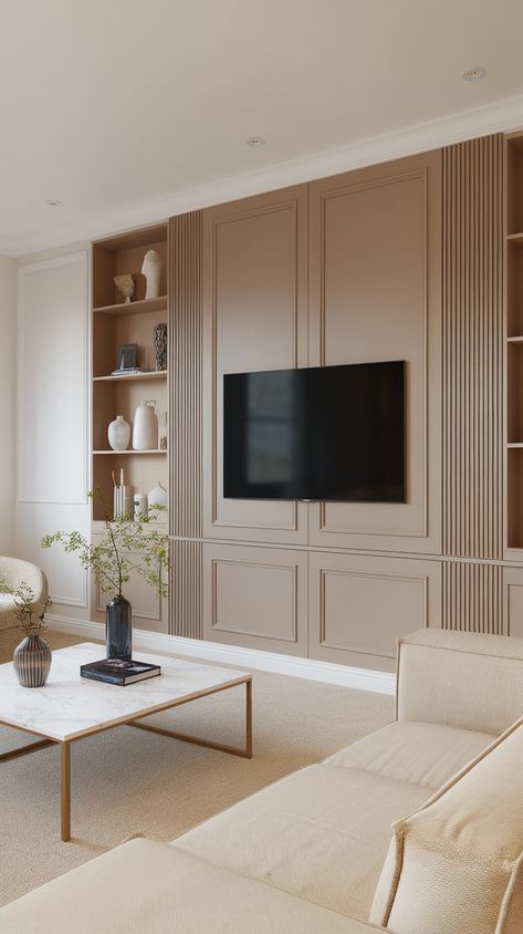 25 Expert Tips for a Stylish Living Room TV Wall Design - DexDecor Asymmetric Media Wall, Tv Accent Wall With Storage, Hidden Tv Built In, Luxury Living Room With Tv, Tv Wall Moulding, Paneling Behind Tv, Tv Wooden Panel Tv Walls, Asymmetrical Tv Wall, Built In Around Tv