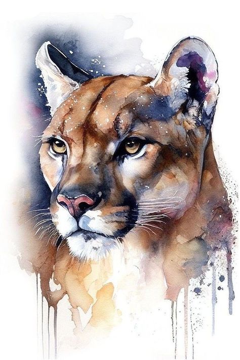 Watercolor Paintings Detailed, Watercolor Wildlife Paintings, Professional Watercolor Paintings, Puma Painting, Illustration Art Animals, Puma Animal, Watercolor Paintings Of Animals, Big Cats Art, Mountain Lion