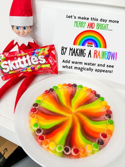 Here's a fun Elf on the Shelf activity with a little magic too. This magic Skittles rainbow experiment is fun, easy to set up, and inexpensive too with this FREE Elf on the Shelf Skittles Rainbow Printable. Elf On The Shelf Sensory Ideas, Elf On The Shelf Skittles Rainbow, Science Elf On The Shelf, Elf Behavior Chart, Elf Skittles Rainbow Magic, Elf On The Shelf Ideas Skittles, Elf On The Shelf Prek Classroom, Elf Of A Shelf Ideas, Elf On The Shelf Crafts Preschool