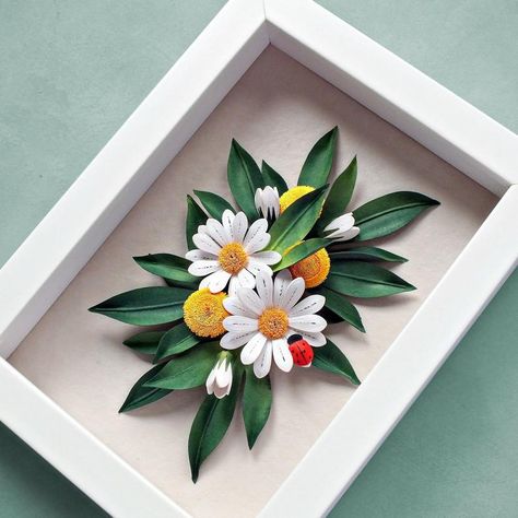 White Daisy Dandelion Ladybug Wall Art 3D Paper Quilling Art | Etsy 3d Paper Quilling, Ladybug Wall Art, Ladybug Nursery, Framed Botanical Art, Yellow Farmhouse, Orchid Wall Art, Paper Quilling Flowers, Art Quilling, Paper Quilling Patterns