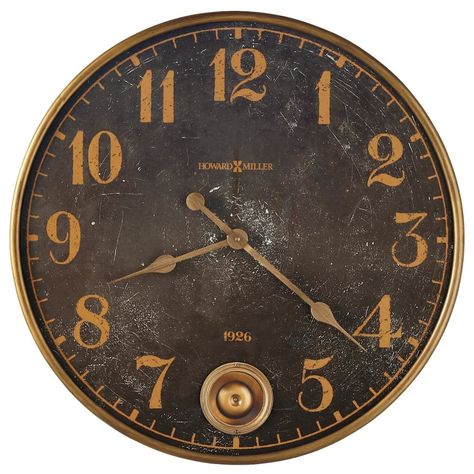 23 inch diameter oversized gallery wall clock features an antique brass finished metal frame. Aged black dial with antique gold finished Arabic numerals and minute track and antique brass finished hour and minute hands. Howard Miller Wall clock Analog Round Wall Sundial Clock in Gold | 625733 Gallery Wall Clock, Howard Miller Wall Clock, Antique Brass Frame, Howard Miller, Oversized Wall Clock, Analog Clock, How To Make Wall Clock, Custom Storage, Grandfather Clock