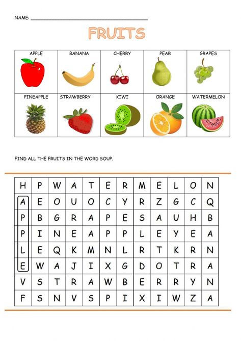 Fruit word soup - Ficha interactiva I Like Fruits Worksheet, Fruits Worksheet For Grade 1, Fruits Worksheets For Kindergarten, Fruits Activities For Kids, Fruits Worksheets For Kids, B Letter Words, Fruits Activity, Fruit Activity, Fruit Worksheet